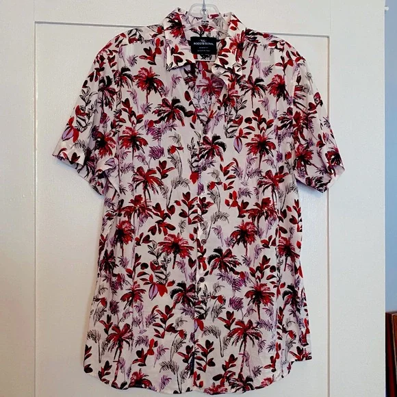 Ross & Gunn Italian 100% Cotton Hawaiian Print Short Sleeve Button-up Shirt - Picture 10 of 14